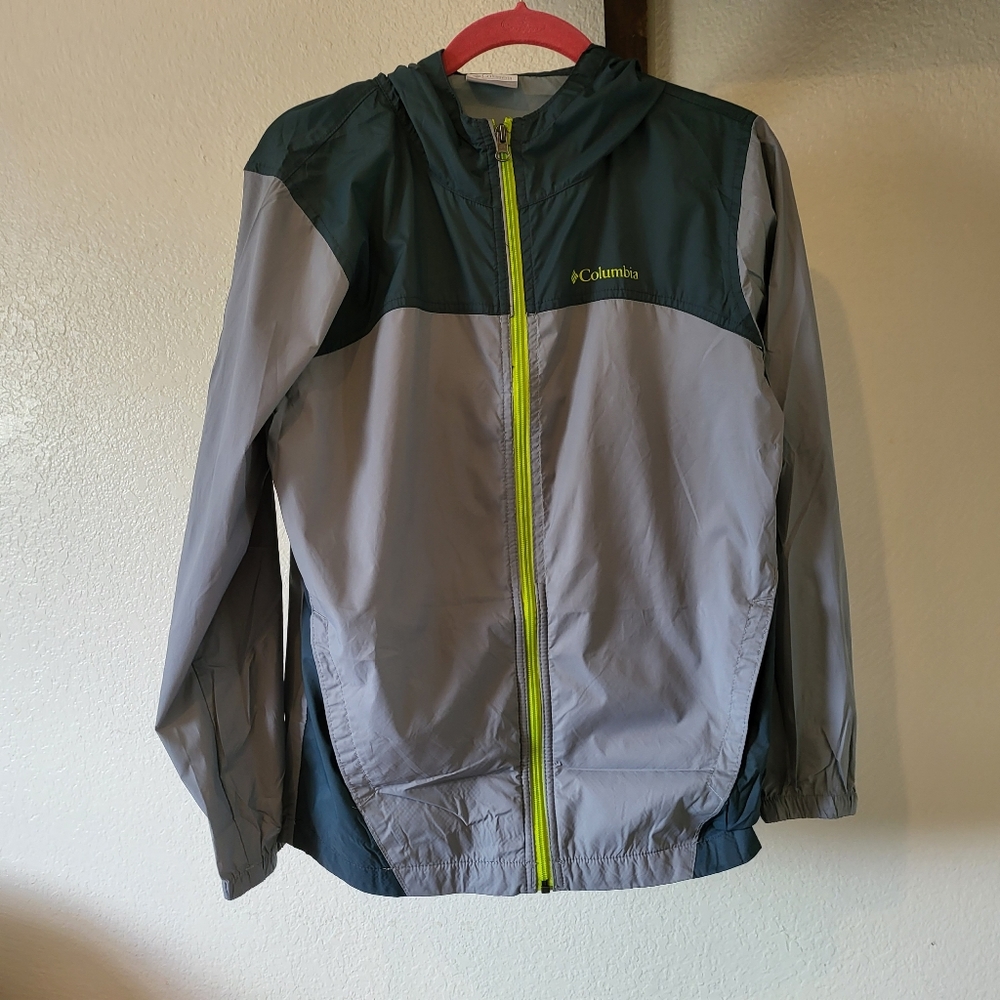 Columbia Boy's Windbreaker Hoodie Zipper Jacket Size L Green Black